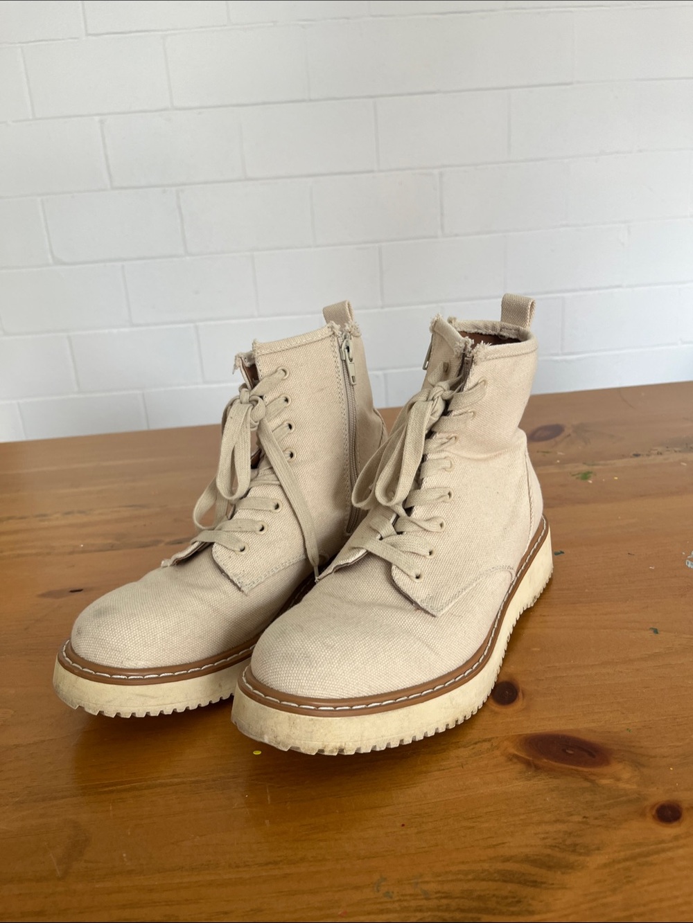 Steve Madden Beige Canvas Lace-Up Ankle Boots